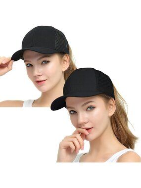 〽️Women 2hats Black High Ponytail Baseball Cap Trucker Bad Hair Day Adjustable